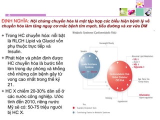 ĐỊNH NGHĨA: Hội chứng chuyển hóa là một tập hợp các biểu hiện bệnh lý về
chuyển hóa làm tăng nguy cơ mắc bệnh tim mạch, tiểu đường và xơ vữa ĐM
+ Trong HC chuyển hóa: nổi bật
là RLCH Lipid và Glucid vốn
phụ thuộc trực tiếp và
Insulin.
+ Phát hiện và phân định được
HC chuyển hóa là bước tiến
lớn trong dự phòng và khống
chế những căn bệnh gây tử
vong cao nhất trong thế kỷ
21.
+ HC X chiếm 20-30% dân số ở
các nước công nghiệp. Ước
tính đến 2010, riêng nước
Mỹ sẽ có: 50-75 triệu người
bị HC X.
 