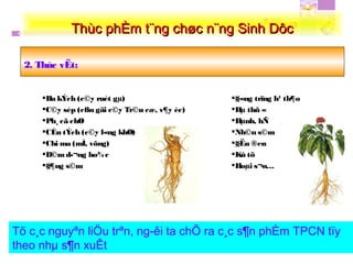 2. Thùc vËt:
Thùc phÈm t¨ng chøc n¨ng Sinh DôcThùc phÈm t¨ng chøc n¨ng Sinh Dôc
Tõ c¸c nguyªn liÖu trªn, ng­êi ta chÕ ra c¸c s¶n phÈm TPCN tïy
theo nhµ s¶n xuÊt
Ba kÝch (c©y ruét gµ)
C©y sép (cßn gäi c©y Tr©u cæ, v¶y èc)
Ph¸ cã chØ
CÈu tÝch (c©y l«ng khØ)
Chi ma (mÌ, võng)
D©md­¬ng ho¾c
§¶ng s©m
§«ng trïng h¹ th¶o
Hµ thñ «
Hµnh, hÑ
Nh©n s©m
§Ëu ®en
Kû tö
Hoµi s¬n…
 
