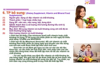 6. TP bổ sung: (Dietary Supplement, Vitamin and Mineral Food
Supplements)
(1) Nguồn gốc: dạng cô đặc vitamin và chất khoáng.
(2) Thành phần: 1 loại hoặc nhiều loại.
(3) Dạng SP: viên nén, viên nang, bột, dung dịch.
(4) SXCB: thành đơn vị số lượng nhỏ tương đương liều sinh lý
(Physical Forms).
(5) Mục đích: Bổ sung vitamin và muối khoáng cùng với chế độ ăn
bình thường hàng ngày.
(6) Hàm lượng vitamin và muối khoáng:
+ Giới hạn tối thiểu (The minimum level):mỗi vitamin hoặc chất
khoáng có trong TP bổ sung cho khẩu phần ăn mỗi ngày tối thiểu
phải bằng 15%RNI của WHO/WHO.
+ Giới hạn tối đa (Maximum Amounts): đối với vitamin và chất
khoáng theo khẩu phần ăn hàng ngày qua khuyến cáo liều dùng
của nhà sản xuất được thiết lập theo cách tính sau:
- Dựa trên cơ sở đánh giá nguy cơ căn cứ vào các dữ liệu
khoa học, có cân nhắc tới tính thực tiễn, tính nhậy cảm của các
nhóm tiêu dùng khác nhau để thiết lập mức tối đa các vitamin và
chất khoáng.
- Từ các nguồn khác quy định liều vitamin và chất khoáng ăn
vào hàng ngày. Khi giới hạn tối đa được thiết lập sẽ tính được liều
lượng vitamin và chất khoáng bổ sung cho dân số. Tuy nhiên, sự
tính toán này cũng không phải là duy nhất để thiết lập RNI.
 
