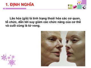 1. ĐỊNH NGHĨA
Lão hóa (già) là tình trạng thoái hóa các cơ quan,
tổ chức, dẫn tới suy giảm các chức năng của cơ thể
và cuối cùng là tử vong.
 