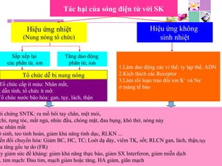 Tác hại của sóng điện từ với SK
Hiệu ứng nhiệt
(Nung nóng tổ chức)
Hiệu ứng không
sinh nhiệt
1.Làm dao động các vi thể: ty lạp thể, ADN
2.Kích thích các Receptor
3.Làm rối loạn trao đổi ion K+
và Na+
ở màng tế bào
Sắp xếp lại
các phân tử, ion
Tăng dao động
phân tử, ion
Tổ chức dễ bị nung nóng
Tổ chức cấp ít máu: Nhân mắt,
g dẫn tinh, tổ chức ít mỡ.
Tổ chức nước bão hòa: gan, tụy, lách, thận
ội chứng SNTK: ra mồ hôi tay chân, mệt mỏi,
chi, rụng tóc, mất ngủ, nhức đầu, chóng mặt, đau bụng, khó thở, nóng nảy
ục nhân mắt
ô sinh, teo tinh hoàn, giảm khả năng tình dục, RLKN ...
ến đổi chuyển hóa: Giảm BC, HC, TC; Loét dạ dày, viêm TK, sốt; RLCN gan, lách, thận,tụy
a tăng gốc tự do (FR)
uy giảm sức đề kháng: giảm khả năng thực bào, giảm SX Interferon, giảm miễn dịch
L tim mạch: Đau tim, mạch giảm hoặc tăng, HA giảm, giãn mạch
 