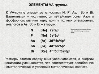 ЭЛЕМЕНТЫ VA-группы.

К VA-группе элементов относятся N, Р, Аs, Sb и Bi.
Валентными у них являются ns2np3-электроны. Азот и
фосфор составляют одну группу полных электронных
аналогов а Аs, Sb и Bi – вторую:
              N     [He] 2s22p3           http://arkadiyzaharov.ru/studentu/chto-
                                          delat-studentam/neorganicheskaya-
                                          ximiya/


              P     [Ne] 3s23p3
              As    [Ar] 3d104s24p2
              Sb    [Kr] 4d105s25p3
              Bi    [Xe] 4f145d106s26p3

Размеры атомов сверху вниз увеличиваются, а энергии
ионизации уменьшаются, что соответствует ослаблению
неметаллических и усилению металлических свойств.
 