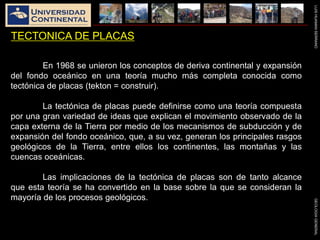 LUISHUAMANSERRANOGEOLOGIAGENERAL
TECTONICA DE PLACAS
En 1968 se unieron los conceptos de deriva continental y expansión
del fondo oceánico en una teoría mucho más completa conocida como
tectónica de placas (tekton = construir).
La tectónica de placas puede definirse como una teoría compuesta
por una gran variedad de ideas que explican el movimiento observado de la
capa externa de la Tierra por medio de los mecanismos de subducción y de
expansión del fondo oceánico, que, a su vez, generan los principales rasgos
geológicos de la Tierra, entre ellos los continentes, las montañas y las
cuencas oceánicas.
Las implicaciones de la tectónica de placas son de tanto alcance
que esta teoría se ha convertido en la base sobre la que se consideran la
mayoría de los procesos geológicos.
 