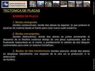 LUISHUAMANSERRANOGEOLOGIAGENERAL
TECTONICA DE PLACAS
BORDES DE PLACA
1. Bordes divergentes
(bordes constructivos): donde dos placas se separan, lo que produce el
ascenso de material desde el manto para crear nuevo suelo oceánico.
2. Bordes convergentes
(bordes destructivos): donde dos placas se juntan provocando el
descenso de la litosfera oceánica debajo de una placa superpuesta, que es
finalmente reabsorbida en el manto, o posiblemente la colisión de dos bloques
continentales para crear un sistema montañoso.
3. Bordes de falla transformante (bordes pasivos): donde dos placas
se desplazan lateralmente una respecto de la otra sin la producción ni la
destrucción
de litosfera.
 