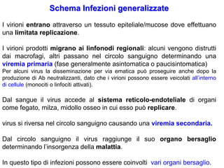 Schema Infezioni generalizzate
I virioni entrano attraverso un tessuto epiteliale/mucose dove effettuano
una limitata replicazione.

I virioni prodotti migrano ai linfonodi regionali: alcuni vengono distrutti
dai macrofagi, altri passano nel circolo sanguigno determinando una
viremia primaria (fase generalmente asintomatica o paucisintomatica)
Per alcuni virus la disseminazione per via ematica può proseguire anche dopo la
produzione di Ab neutralizzanti, dato che i virioni possono essere veicolati all’interno
di cellule (monociti o linfociti attivati).

Dal sangue il virus accede al sistema reticolo-endoteliale di organi
come fegato, milza, midollo osseo in cui esso può replicare.

virus si riversa nel circolo sanguigno causando una viremia secondaria.

Dal circolo sanguigno il virus raggiunge il suo organo bersaglio
determinando l’insorgenza della malattia.

In questo tipo di infezioni possono essere coinvolti vari organi bersaglio.
 