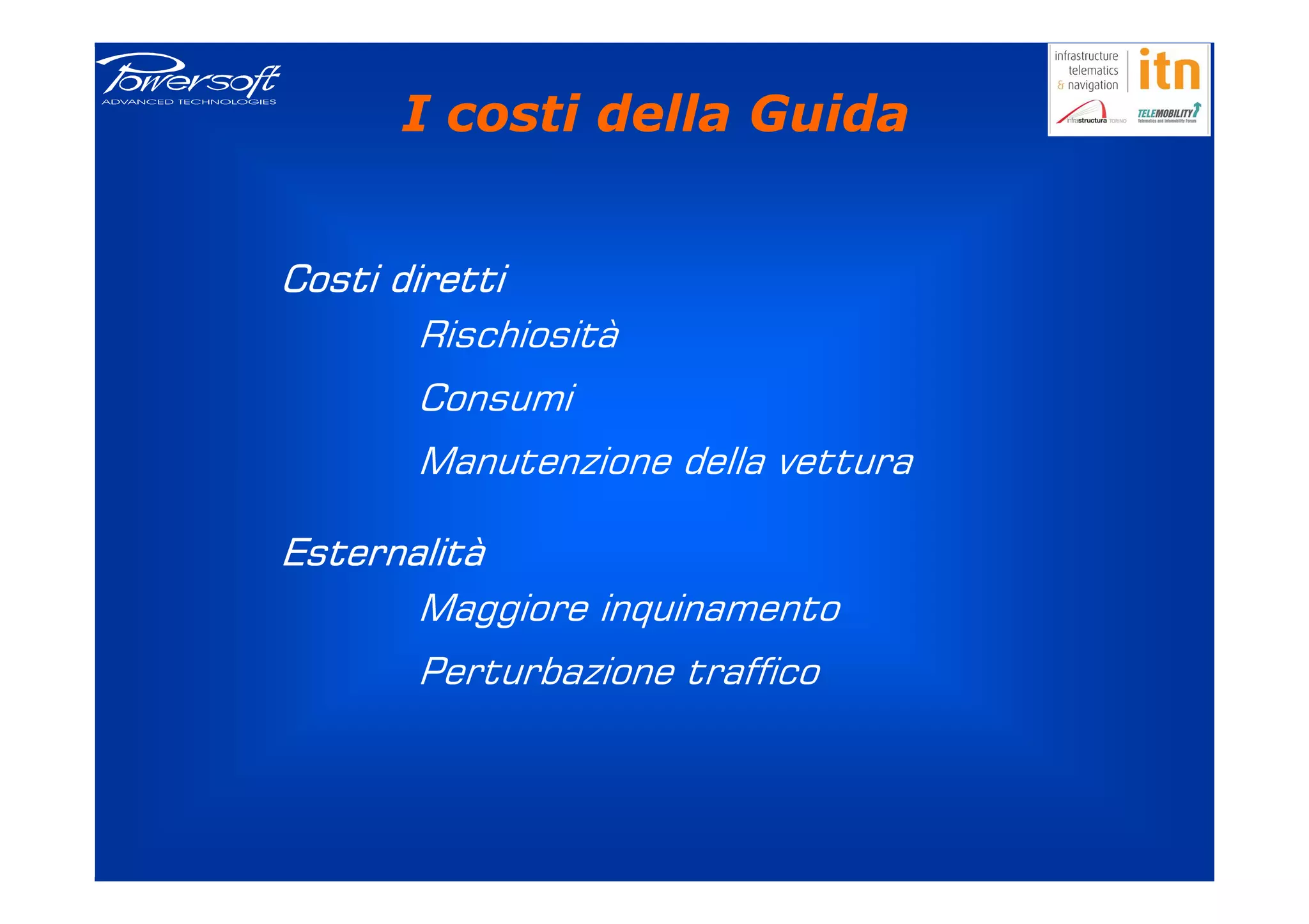 I costi della Guida


Costi diretti
        Rischiosità
       Consumi
       Manutenzione della vettura

Esternalità
       Maggiore inquinamento
       Perturbazione traffico
 