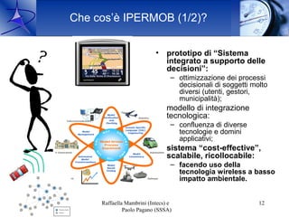 Che cos’è IPERMOB (1/2)?


                                          •    prototipo di “Sistema
                                               integrato a supporto delle
                                               decisioni”:
                                                – ottimizzazione dei processi
                                                  decisionali di soggetti molto
                                                  diversi (utenti, gestori,
                                                  municipalità);
                                          •    modello di integrazione
                                               tecnologica:
                                                – confluenza di diverse
                                                  tecnologie e domini
                                                  applicativi;
                                          •    sistema “cost-effective”,
                                               scalabile, ricollocabile:
                                                – facendo uso della
                                                  tecnologia wireless a basso
                                                  impatto ambientale.


16 Ott. 2009        Raffaella Mambrini (Intecs) e                           12
                             Paolo Pagano (SSSA)
 