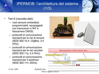 IPERMOB: l’architettura del sistema
                            (1/3)

•   Tier-0 (raccolta dati):
     – nodi sensore embedded,
       programmabili, equipaggiati
       con transceiver in R/F e
       fotocamere CMOS;
     – protocolli di comunicazione
       standard per le reti di sensori
       (IEEE 802.15.4 / ZigBee, 2.4
       GHz);
     – protocolli di comunicazione
       standard per le reti veicolari
       (IEEE 802.11p, 2.4 GHz);
     – protocolli di comunicazione
       standard per il backhaul
       (IEEE 802.11h, 5GHz).

    16 Ott. 2009              Raffaella Mambrini (Intecs) e   15
                                       Paolo Pagano (SSSA)
 