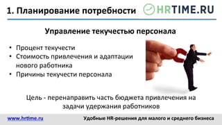 1.	
  Планирование	
  потребности	
  
Управление	
  текучестью	
  персонала	
  
•  Процент	
  текучести	
  	
  
•  Стоимость	
  привлечения	
  и	
  адаптации	
  
нового	
  работника	
  
•  Причины	
  текучести	
  персонала	
  	
  
Цель	
  -­‐	
  перенаправить	
  часть	
  бюджета	
  привлечения	
  на	
  
задачи	
  удержания	
  работников	
  
www.hr@me.ru	
  	
   Удобные	
  HR-­‐решения	
  для	
  малого	
  и	
  среднего	
  бизнеса	
  
 