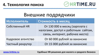 4.	
  Технология	
  поиска	
  
Внешние	
  подрядчики	
  
Исполнитель	
   Стоимость	
  в	
  месяц	
  
Собственный	
  HR	
   От	
  130	
  000	
  в	
  месяц	
  (зарплата	
  с	
  
налогами,	
  доступ	
  к	
  работным	
  	
  сайтам,	
  
связь,	
  интернет,	
  рабочее	
  место)	
  
Кадровое	
  агентство	
   От	
  60	
  000	
  рублей	
  за	
  вакансию	
  
Частный	
  рекрутер	
   От	
  15	
  000	
  рублей	
  за	
  вакансию	
  
www.hr@me.ru	
  	
   Удобные	
  HR-­‐решения	
  для	
  малого	
  и	
  среднего	
  бизнеса	
  
 