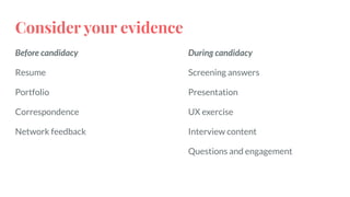 Consider your evidence
Before candidacy
Resume
Portfolio
Correspondence
Network feedback
During candidacy
Screening answers
Presentation
UX exercise
Interview content
Questions and engagement
 