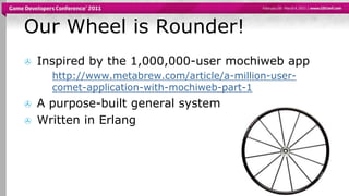 Our Wheel is Rounder!Inspired by the 1,000,000-user mochiweb apphttp://www.metabrew.com/article/a-million-user-comet-application-with-mochiweb-part-1A purpose-built general systemWritten in Erlang