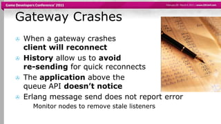 Gateway CrashesWhen a gateway crashesclient will reconnectHistoryallow us to avoid re-sending for quick reconnectsThe application above the queue API doesn’t noticeErlang message send does not report errorMonitor nodes to remove stale listeners