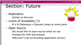Section: FutureReplicationSimilar to fail-overLimits of Scalability (?)M x N (Gateways x Queues) stops at some pointOpen SourceWe would like to open-source what we canProtobuf for PHP and Erlang?IMQ core? (not surrounding application server)