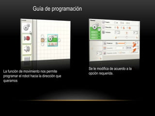 Guía de programación
La función de movimiento nos permite
programar el robot hacia la dirección que
queramos
Se le modifica de acuerdo a la
opción requerida.