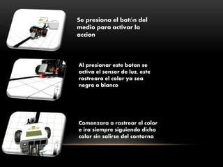 Se presiona el botón del
medio para activar la
accion
Al presionar este boton se
activa el sensor de luz, este
rastreara el color ya sea
negro o blanco
Comenzara a rastrear el color
e ira siempre siguiendo dicho
color sin salirse del contorno
 