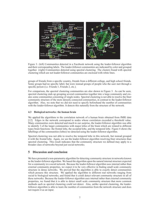 International
                              friends 1                      Research
                       International                         group 1
                                                                          Research
                       friends 2
                                                                          group 2
                  Cultural               Friends 5
                  group       College 1                     Friends 2
                  Friends 3
             Music                              Friends 8
             college                          Fraternity                  Fraternity
                                              2                           1
               High school
                                    Family 1                  Friends 1
           Family 2                                         Friends 8
                                                                 Family friends 4
                          Friends 4
                              Family               Friends 6
            Family            friends 2                            Friends 7
            friends 3                          Sorority
                                  Family
                                  friends 1


Figure 3: (left) Communities detected in a Facebook network using the leader-follower algorithm
and their corresponding labels. The leader-follower communities are indicated by color and grouped
together. (right) Communities detected using spectral clustering. The clusters found with spectral
clustering which are not leader-follower communities are enclosed with white lines.


groups of friends from a speciﬁc country, friends from a different college, and high school friends.
Some groups had no speciﬁc label, but were instead groups of people who the user met through a
speciﬁc person (i.e. Friends 1, Friends 2, etc.).
For comparison, the spectral clustering communities are also shown in Figure 3. As can be seen,
spectral clustering ends up grouping several communities together into a large community and cre-
ates some communities consisting of single nodes. Spectral clustering is not able to resolve the ﬁner
community structure of the more densely connected communities, in contrast to the leader-follower
algorithm. Also, we note that we did not need to specify beforehand the number of communities
with the leader-follower algorithm. It detects this naturally from the structure of the network.

4.3 Biological networks: the human brain

We applied the algorithms to the correlation network of a human brain obtained from fMRI data
[12]. Edges in the network correspond to nodes whose correlation exceeded a threshold value.
Many communities were detected and much to our surprise, the leader-follower algorithm was able
to identify 3 of the larger communities with major lobes of the brain which are related to different
types brain functions: the frontal lobe, the occipital lobe, and the temporal lobe. Figure 4 shows the
labellings of the communities (lobes) we detected using the leader-follower algorithm.
Spectral clustering was not able to resolve the temporal lobe in this network, but instead grouped
it with the frontal lobe. Again, we see the leader-follower algorithm resolving ﬁner structures than
spectral clustering. This result indicates that the community structure we deﬁned may apply to a
broader class of networks beyond just social networks.

5 Discussion and conclusion
We have presented a non-parametric algorithm for detecting community structure in networks known
as the leader-follower algorithm. We based the algorithm upon the natural internal structure expected
for a community in a social network. Because the leader-follower algorithm uses internal rather than
external community properties, we expect it to be very effective in ﬁnding small scale community
structure in dense networks. We proved that the algorithm is able to exactly detect communities
which possess this structure. We applied the algorithm to different real networks ranging from
social to biological networks, and found that it could detect relevant community structure in all of
these networks. Because the leader-follower algorithm uses internal rather than external community
properties, we found that it is able to detect small scale community structure that more common
methods such as spectral clustering could not detect. Also, unlike spectral clustering, the leader-
follower algorithm is able to learn the number of communities from the network structure and does
not require it as an input.

                                                                               7
 