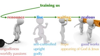 training us
renounce live waiting zealous
ungodliness
worldly passions
self-controlled
upright
godly
hope
appearing of God & Jesus
good works
 