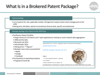 Business	Sense	• IP	Matters
What	Is	in	a	Brokered	Patent	Package?
• List	of	patents	for	sale,	applicable	market,	infringem...
