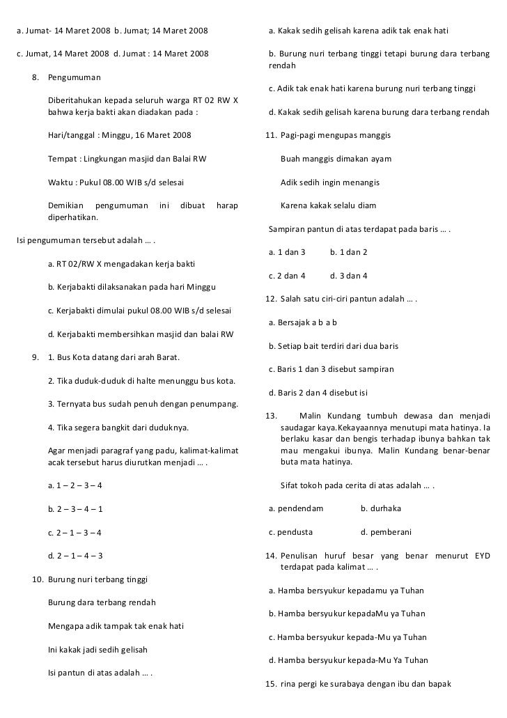 Soal Bahasa Indonesia Kelas 6