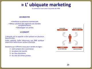 » L’ ubiquate marketing
                                     Le commerce multi canal à la portée des PME




                    LES OBJECTIFS

       • Améliorer sa présence commerciale
    • Mieux satisfaire des segments de clientèle
                 complémentaires
             • Développer ses ventes

                     LE CONCEPT

L’ubiquité est la capacité à être présent en plusieurs
lieux à la fois.
Cette capacité s’offre désormais aux PME quelque
soient leur taille et leur secteur d’activité.

Solutions qui s’offrent à vous pour vendre en ligne :
      1 - votre propre site e-commerce
      2 - les places de marché
      3 - les sites d’enchères
      4 - les sites de ventes privées




                                                                                   29
 