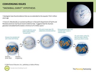 CONVERGING ISSUES
“SNOWBALL EARHT” HYPOTHESIS


• Geologists have found evidence that sea ice extended to the equator 716.5 million
years ago

• Francis A. Macdonald, an assistant professor in Harvard’s Department of Earth and
Planetary Sciences has found recent evidence that, “suggests that the Sturtian
glaciation (Snowball Earth) lasted a minimum of 5 million years.”




           Canada Green Building Council
 