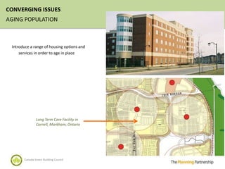 CONVERGING ISSUES
AGING POPULATION



 Introduce a range of housing options and
     services in order to age in place




               Long Term Care Facility in
               Cornell, Markham; Ontario




       Canada Green Building Council
 