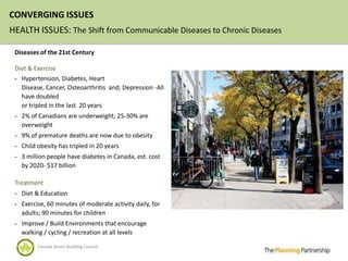 CONVERGING ISSUES
HEALTH ISSUES: The Shift from Communicable Diseases to Chronic Diseases

 Diseases of the 21st Century

 Diet & Exercise
 - Hypertension, Diabetes, Heart
   Disease, Cancer, Osteoarthritis and; Depression -All
   have doubled
   or tripled in the last 20 years
 - 2% of Canadians are underweight; 25-30% are
   overweight
 - 9% of premature deaths are now due to obesity
 - Child obesity has tripled in 20 years
 - 3 million people have diabetes in Canada, est. cost
   by 2020- $17 billion

 Treatment
 - Diet & Education
 - Exercise, 60 minutes of moderate activity daily, for
   adults; 90 minutes for children
 - Improve / Build Environments that encourage
   walking / cycling / recreation at all levels

         Canada Green Building Council
 