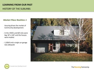 LEARNING FROM OUR PAST
HISTORY OF THE SUBURBS



Market Place Realities 1

 Housing drives the market of
 Community development:

- In the 1950’s and 60’s lots were
 big, 50’ x 120’ and the houses
 were modest

- 1,500sf and a single car garage
 was adequate




         Canada Green Building Council
 