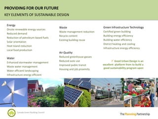 PROVIDING FOR OUR FUTURE
KEY ELEMENTS OF SUSTAINABLE DESIGN

 Energy
                                          Waste                        Green Infrastructure Technology
 Onsite renewable energy sources
                                          Waste management reduction   Certified green building
 Reduced demand
                                          Recycle content              Building energy efficiency
 Reduction of petroleum-based fuels
                                          Existing building reuse      Building water efficiency
 Solar orientation
                                                                       District heating and cooling
 Heat Island reduction
                                                                       Infrastructure energy efficiency
 Local food production
                                          Air Quality
                                          Reduced greenhouse gasses
 Water
 Enhanced stormwater management
                                          Reduced auto use                     Good Urban Design is an
                                          Improved public transit      excellent platform from to build a
 Waste water management
                                          Housing and job proximity     good sustainability program upon
 Water efficient landscaping
 Infrastructure energy efficient




          Canada Green Building Council
 