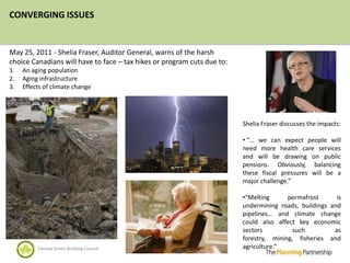 CONVERGING ISSUES


May 25, 2011 - Shelia Fraser, Auditor General, warns of the harsh
choice Canadians will have to face – tax hikes or program cuts due to:
1.   An aging population
2.   Aging infrastructure
3.   Effects of climate change




                                                                         Shelia Fraser discusses the impacts:

                                                                         • “… we can expect people will
                                                                         need more health care services
                                                                         and will be drawing on public
                                                                         pensions. Obviously, balancing
                                                                         these fiscal pressures will be a
                                                                         major challenge.”

                                                                         •“Melting      permafrost      is
                                                                         undermining roads, buildings and
                                                                         pipelines… and climate change
                                                                         could also affect key economic
                                                                         sectors          such         as
                                                                         forestry, mining, fisheries and
          Canada Green Building Council                                  agriculture.”
 
