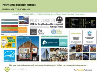PROVIDING FOR OUR FUTURE
SUSTAINABILITY PROGRAMS
         Energy Star, LEED-ND, LEED-H, LEED-NC, BREEAM, Green Globes, Green Star, One Planet Living




                    Ontario Building Code




     The race is on to improve built and natural environments before the damage is out of control…
      Canada Green Building Council
 