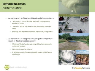 CONVERGING ISSUES
CLIMATE CHANGE


  -   An increase of 1 to 2 degrees Celsius in global temperature =
        -   Sea Coasts – storms & rising sea levels cause growing
            erosion of coasts
        -   Species – 30% at risk of extinction; increasing coral reef
            death
        - Flooding and depleted croplands in Pakistan / Bangladesh



  -   An increase of 4 to 5 degrees Celsius in global temperature
      results in `Positive Feedback Loops` =
        - Melting of Arctic Tundra, warming of Southern oceans &
            melting of ice caps
        - Wheat and rice crop failures

        - A 30% increase in China’s rice needs means 50% of world
            production




        Canada Green Building Council
 