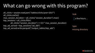 What can go wrong with this program?
all_clicks = session.read.json("/tables/clicks/year=2017")
all_clicks.cache()
max_session_duration = all_clicks("session_duration").max()
top_sessions = all_clicks.filter(
all_clicks("session_duration") >= 0.9 * max_session_duration)
top_ad_served = top_sessions("ad_idd")
top_ad_served.write.parquet("/output_tables/top_ads")
leak
typo
missing directory
a few hours…
 
