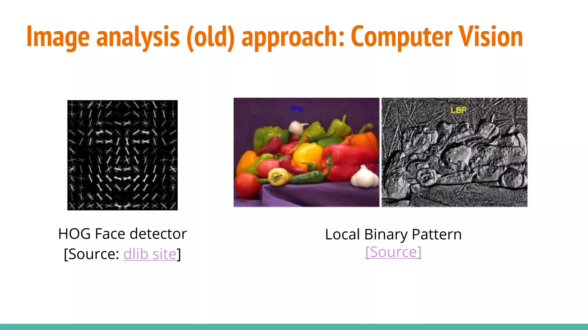 Image analysis (old) approach: Computer Vision
HOG Face detector
[Source: dlib site]
Local Binary Pattern
[Source]
 