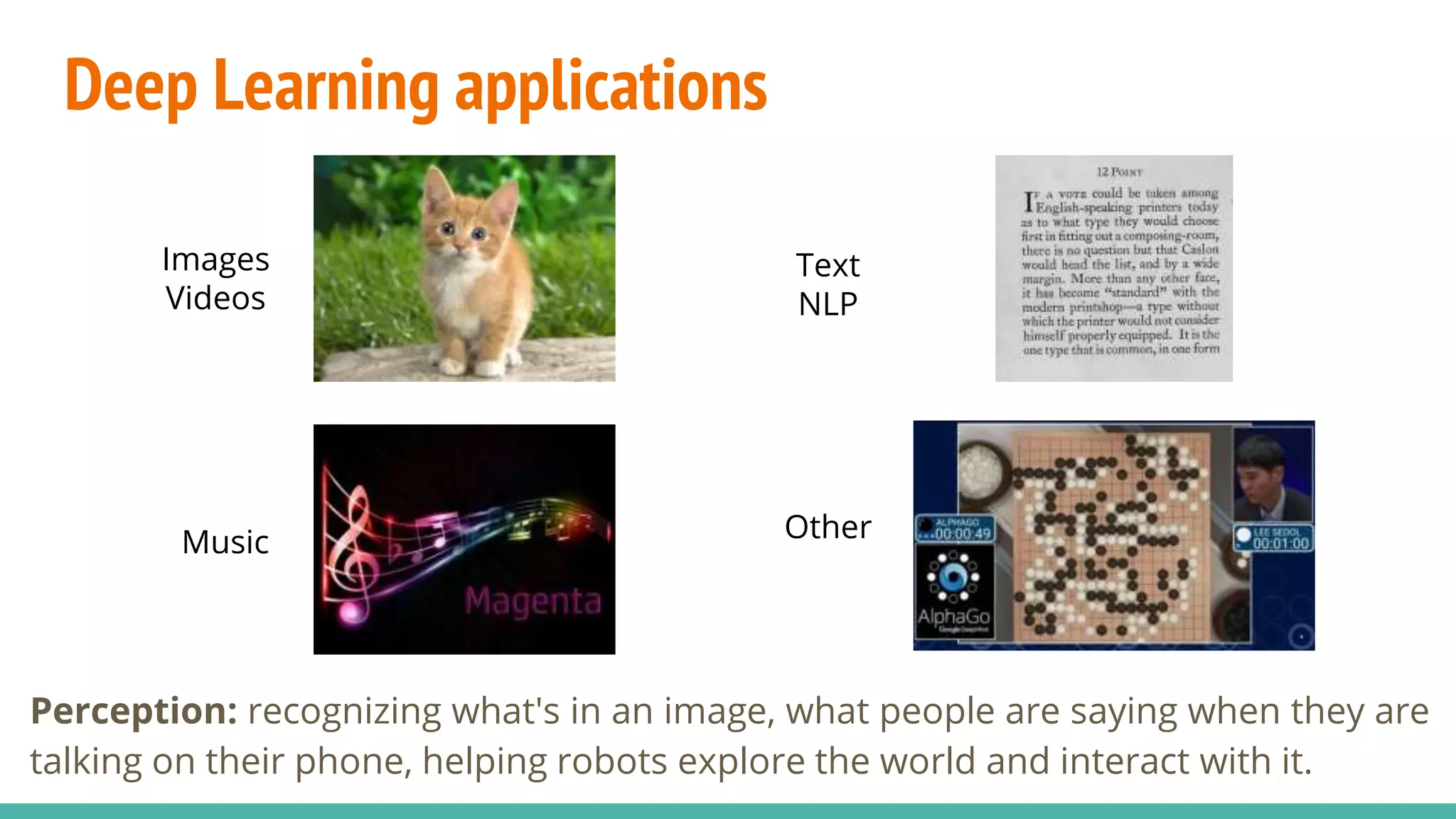 Deep Learning applications
Perception: recognizing what's in an image, what people are saying when they are
talking on their phone, helping robots explore the world and interact with it.
Images
Videos
Text
NLP
Music Other
 