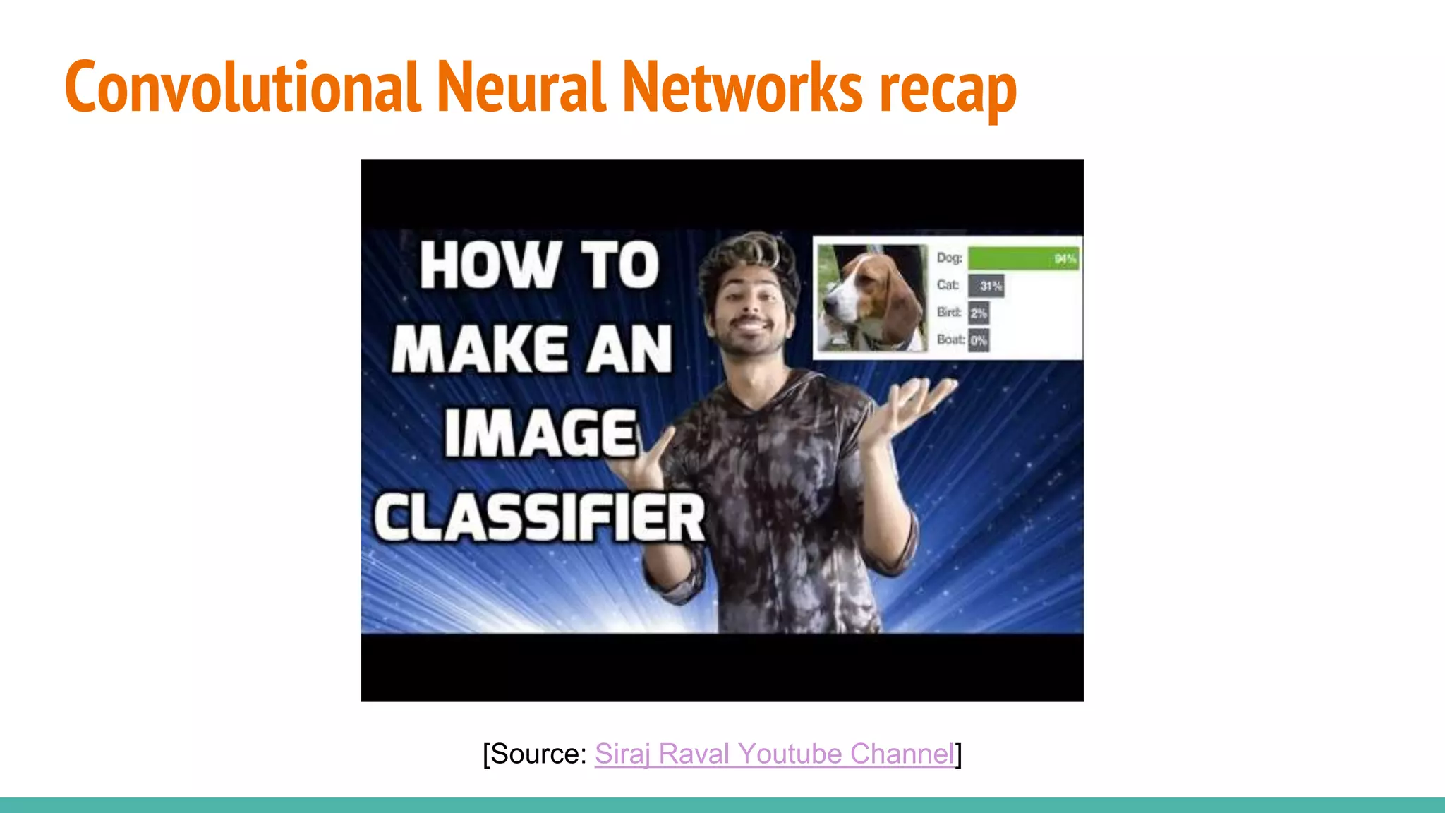 Convolutional Neural Networks recap
[Source: Siraj Raval Youtube Channel]
 