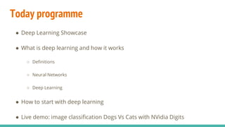 Today programme
● Deep Learning Showcase
● What is deep learning and how it works
○ Definitions
○ Neural Networks
○ Deep Learning
● How to start with deep learning
● Live demo: image classification Dogs Vs Cats with NVidia Digits
 