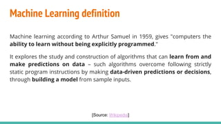 Machine Learning definition
Machine learning according to Arthur Samuel in 1959, gives "computers the
ability to learn without being explicitly programmed."
It explores the study and construction of algorithms that can learn from and
make predictions on data – such algorithms overcome following strictly
static program instructions by making data-driven predictions or decisions,
through building a model from sample inputs.
[Source: Wikipedia]
 