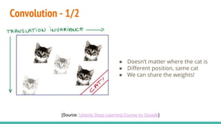 Convolution - 1/2
● Doesn’t matter where the cat is
● Different position, same cat
● We can share the weights!
[Source: Udacity Deep Learning Course by Google]
 