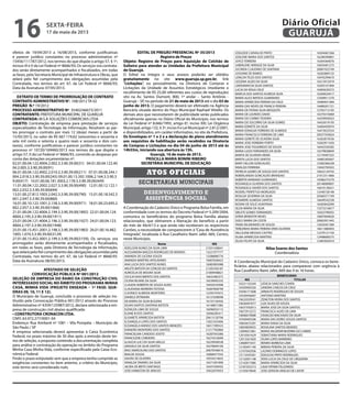 efeitos de 19/04/2013 a 16/08/2013, conforme justificativas
e parecer jurídico constantes no processo administrativo nº
15456/111787/2012, nos termos do que dispõe o artigo 57, § 1º,
incisos III e V da Lei Federal nº 8666/93; Os serviços ora contrata-
dos serão diretamente acompanhados e fiscalizados, em todas
as fases, pela Secretaria Municipal de Infraestrutura e Obras, que
zelará pelo fiel cumprimento das obrigações assumidas pela
Contratada, nos termos do art. 67, da Lei Federal nº 8666/93;
Data da Assinatura: 07/05/2013.
EXTRATO DE TERMO DE PRORROGAÇÃO DE CONTRATO
CONTRATO ADMINISTRATIVO N°. 108/2012 TA 02
PREGÃO N.º 19/2012
PROCESSO ADMINISTRATIVO Nº. 35402/66673/2011
CONTRATANTE: PREFEITURA MUNICIPAL DE GUARUJÁ
CONTRATADA: M.S.A SOLUÇÕES COMERCIAIS LTDA
OBJETO: Contratação de empresa para prestação de serviços
especializados de Tecnologia da Informação. Resolvem as par-
tes prorrogar o contrato por mais 12 (doze) meses a partir de
15/05/2013, no valor de R$ 667.174,62 (seiscentos e sessenta e
sete mil cento e setenta e quatro reais e sessenta e dois cen-
tavos), conforme justificativas e parecer jurídico constantes no
processo nº 10720/169460/2013 nos termos do que dispõe o
artigo 57, II da Lei Federal nº 8666/93, correndo as despesas por
conta das dotações orçamentárias nº:
02.01.00.04.122.4004.2.002.3.3.90.39.00(31) 04.01.00.04.122.40
04.2.005.3.3.90.39.00(91)
06.01.00.04.122.4002.2.010.3.3.90.39.00(211) 07.01.00.08.244.1
004.2.018.3.3.90.39.00(245) 09.01.00.13.392.1006.2.164.3.3.90.3
9.00(417) 10.01.00.06.181.3003.2.178.3.3.90.39.00(449)
11.01.00.04.122.2002.2.027.3.3.90.39.00(490) 12.01.00.12.122.1
002.2.032.3.3.90.39.00(694)
13.01.00.27.812.1003.2.042.3.3.90.39.00(790) 15.01.00.18.542.3
001.2.047.3.3.90.39.00(860)
16.01.00.10.122.1001.2.158.3.3.90.39.00(971) 18.01.00.23.695.2
002.2.057.3.3.90.39.00(1066)
21.01.00.04.122.4004.2.194.3.3.90.39.00(1892) 22.01.00.04.124.
4004.2.195.3.3.90.39.00(1911)
23.01.00.04.121.4004.2.196.3.3.90.39.00(1927) 24.01.00.04.123.
4004.2.197.3.3.90.39.00(1948)
25.01.00.15.451.2001.2.198.3.3.90.39.00(1983) 26.01.00.16.482.
1005.1.074.3.3.90.39.00(3129)
27.01.00.15.452.3001.2.199.3.3.90.39.00(3159); Os serviços ora
prorrogados serão diretamente acompanhados e fiscalizados,
em todas as fases, pela Diretoria de Tecnologia da Informação,
que zelará pelo fiel cumprimento das obrigações assumidas pela
Contratada, nos termos do art. 67, da Lei Federal nº 8666/93.
Data da Assinatura: 08/05/2013.
ATESTADO DE SELEÇÃO
Convocação Pública Nº 001/2012
Seleção de empresa do ramo da construção civil
interessado social no âmbito do programa minha
casa, minha vida (projeto enseada – 1ª fase: qua-
dras 09, 10, 11 e 12).
O Município de Guarujá, concluído o processo de seleção ins-
tituído pela Convocação Pública 001/2012 através do Processo
Administrativo nº 4359/125987/2012, declara selecionada a em-
presa de construção civil abaixo qualificada:
• CONSTRUTORA CRONACON LTDA.
CNPJ: 63.972.277/0001-04
Endereço: Rua Aimberê nº 1081 – Vila Pompéia – Município de
São Paulo / SP
A empresa selecionada deverá apresentar à Caixa Econômica
Federal, no prazo máximo de 30 dias após a emissão deste ter-
mo de seleção, a proposta contendo a documentação completa
para análise e contratação da operação no âmbito do Programa
Minha Casa Minha Vida, conforme especificado pela Caixa Eco-
nômica Federal.
Findo o prazo estipulado sem que a empresa tenha cumprido as
exigências constantes no item anterior, a critério do Município,
este termo será considerado nulo.
EDITAL DE PREGÃO PRESENCIAL Nº 35/2013
Registro de Preços
Objeto: Registro de Preços para Aquisição de Colchão de
Solteiro para atender as Unidades da Prefeitura Municipal
de Guarujá.
O Edital na íntegra e seus anexos poderão ser obtidos
gratuitamente no site www.guaruja.sp.gov.br, link
“Licitações”, ou pessoalmente, na Diretoria de Compras e
Licitações da Unidade de Assuntos Estratégicos (mediante o
recolhimento de R$ 25,00 referentes aos custos de reprodução)
sito na Av. Santos Dumont, 800, 1º andar – Santo Antônio -
Guarujá – SP, no período de 21 de maio de 2013 até o dia 03 de
junho de 2013. O pagamento deverá ser efetivado na Agência
Bancária situada dentro do Paço Municipal Raphael Vitiello. Os
demais atos que necessitarem de publicidade serão publicados
oficialmente apenas no Diário Oficial do Município, nos termos
da Lei Federal nº 8.666/1993, artigo 6º, inciso XIII; Lei Orgânica
Municipal, artigo 132, § 3º, inciso II e Lei Municipal nº 2.812/2001,
e disponibilizados, em caráter informativo, no site da Prefeitura.
Os Envelopes nº 1 e 2 e a declaração de pleno atendimento
aos requisitos de habilitação serão recebidos na Diretoria
de Compras e Licitações no dia 04 de junho de 2013 até às
14h55m, iniciando sua abertura às 15h.
Guarujá, 16 de maio de 2013.
PRISCILLA MARIA BONINI RIBEIRO
SECRETÁRIA MUNICIPAL DE EDUCAÇÃO
secretarias municipais
Atos oficiais
desenvolvimento e
assistência social
A Coordenação do Cadastro Único e Programa Bolsa Família, em
conformidade com os termos do Decreto Federal nº 5.209/2004,
comunica os beneficiários do programa Bolsa Família abaixo
relacionados, que obtiverem a liberação do benefício a partir
do mês de Abril/13 e que ainda não receberam os respectivos
Cartões, a necessidade de comparecerem à“Casa de Assistência
Integrada”, localizada à Rua Cavalheiro Nami Jafet, 669, Centro,
neste Município.
Nome NIS
ADEILSON NUNES DA SILVA LIMA 21031428641
ALESSANDRA BAEZZA RODRIGUES DE MORAES 13221977777
AMANDA DE LUCENA SOUZA 12588896776
AMANDA MARTINS APOLINARIO 16007658423
ANA LUCIA DOS SANTOS NUNES 16083905088
ARLETE BATISTA DA CONCEICAO SANTOS 21205356187
AURICELIA DE MOURA SILVA 21009448821
CECILIA NASCIMENTO DOS SANTOS 16632483373
CICERA REJANE DA SILVA 16539092335
CLAUDIA ROBERTA DE SOUZA ALVES 16450535998
CLAUDIANA MOREIRA FEITOSA 16387858799
CLEONICE ALMEIDA MONTEIRO 12293747672
DANIELE ERTMANN 16131838098
DEJANIRA DA SILVA BUGANA 16155156426
EDJAN SANTOS SANTANA BATISTA 16148871085
ELENILDA LIMA DE SOUZA 16096933115
ELIANE B DOS SANTOS 16046285411
ELISABETE APARECIDA BATISTA 20613120706
ELISANGELA LOPES DOS SANTOS 13021033406
ELISANGELA MANSO DOS SANTOS MENEZES 16017399323
EVANDRO MONTEIRO DOS SANTOS 21217782860
FRANCIELMA CANDIDO JOSITO 16287043386
FRANCILENE CORDEIRO 16274216090
GLAUCIA LUCI DA SILVA GRILLO 16229938538
GRASIELE DA SILVA SANTOS 16278094100
IRACI MARCOLINO DOS SANTOS 20670546016
IRAILDE SOUZA 16068477542
ISAURA DE OLIVEIRA 10554214633
IVANILDA TAVARES DA SILVA 16271091890
JACIRA DE BRITO SANTIAGO 16341939435
JOSE HAMILTON DE ARAUJO 10422079453
JOSILEIDE CARVALHO PINTO 16304467266
JOSILENE MARIA DOS SANTOS 16248390801
JOYCE FERREIRA 16304364076
JUBERLENE HERIQUE DA SILVA 16043401275
JUCINEIA CLAUDINO DE SANTANA 20081922749
JUSSIANE DE RAMOS 16265869125
LENILDA TELES DOS SANTOS 16476294610
LEOZINA ALVES DA SILVA 16515915919
LINDOMAR DA SILVA SANTOS 16393101904
LUCIA DA VEIGA CRUZ 16405639372
MARCIA DOS SANTOS ALMEDA SILVA 16369029417
MARIA ALICE MATEUS GUIMARAES 12509911270
MARIA APARECIDA PEREIRA DA CRUZ 16484931489
MARIA DAS NEVES DE FRANCA PEREIRA 16489201721
MARIA DE FATIMA SILVA MESQUITA 12702712195
MARIA DE LOURDES DAVID 16379310089
MARIA DO CARMO TEIXEIRA 16359950023
MARIA DO SOCORRO DA SILVA GOMES 16432019193
MARIA EDINETE DA SILVA 16404459974
MARIA EDNALVA FERREIRA DE ALMEIDA 16473025554
MARIA FRANCISCA FERREIRA DE LIMA 20037593824
MARIA GORETE DE OLIVEIRA SILVA 16362819536
MARIA JOSE FERREIRA PORTO 16363911436
MARIA JOSE FIGUEIREDO DE SOUZA 16442556582
MARIA LUIZA FERNANDES DA SILVA 16379838849
MARTA DE OLIVEIRA VIEIRA 12170497325
MARTA LUCIA DOS SANTOS 16485383647
MARY HELLEN GONCALVES 12582366228
NIVALDO FERREIRA 13042795933
PATRICIA GOMES DE SOUZA DOS SANTOS 16622124702
ROBERLANDIA GONCALVES BRANDAO 21012311866
ROBERTA MARIANO GUIMARAES 16586275270
ROSANGELA OLIVEIRA DOS SANTOS 20140089807
ROSANGELA XAVIER DOS SANTOS 16610130621
ROSERLI PERPETUO MORGADO 12540728148
ROSILDA SEVERINA DA SILVA 20360371749
ROSIMERE ALMEIDA SANTOS 16649542238
ROSIRA DE SOUZ ASANTANA 16585842090
SILDA MARIA DA SILVA 13373216817
SIRLETE GOMES FERNANDES 16563790055
SONIA BENEDITA NEVES 16607604626
SUELY MARIA DA COSTA 20062951445
TANIA DELMONDES DE SOUZA 12659301389
TEREZINHA MARIA PEREIRA VERA OLIVEIRA 16611880403
VALCILENE MESSIAS CASTRO 12379121720
VILMA APARECIDA MARTINS 12498689275
ZILDA FELIPE DA SILVA 12487695910
Nilza Soares dos Santos
Coordenadora
A Coordenação Municipal do Cadastro Único, convoca os bene-
ficiários abaixo relacionados para comparecer com urgência à
Rua Cavalheiro Nami Jafet, 669 das 9 às 16 horas.
BENEFICIÁRIO
NIS TITULAR
10231155244 LEDICIA SANCHES COHEN
10429405550 SANDRA CARLOS DA CRUZ
10436171608 ARNALTO RODRIGUES DE SOUZA
10559456007 ANTONIO MARTINS
10632029541 ZENILTON VIEIRA DOS SANTOS
10636947677 LUIZ ALVES DE SOUZA
10637592813 MARIA JOSE DA SILVA SANTOS
10672913272 FRANCISCA ALVES DE LIMA
10696679008 OSVALDO MACHADO DA SILVA
10769405506 MARIA DAS DORES SOUZA SANTOS
10843675281 MARIA VIANA DA SILVA
10859839025 ROSALINA SANTOS MENDES
12009021861 MARIA VALDENIR BEZERRA DO CARMO
12010561629 SEBASTIANA MARIA RODRIGUES
12013261820 VILMA LOPES BARREIRO
12068973431 RENIRA BARBOSA LIMA
12100491190 MIRIAN PEREIRA DA SILVA
12107042936 LAZARO DOMINGOS LOPES
12113545561 EDILEUSA PINTO RODRIGUES
12132001148 VERA LUCIA DA CRUZ DE CIRQUEIRA
12142817086 MARIA APARECIDA DA SILVA
12181032213 LIGIA FATIMA FELIZARDO
12193679640 JOSE GERSON ARAUJO DE LAVOR
sexta-feira
17 de maio de 2013
16 GUARUJÁ
Diário Oficial
 