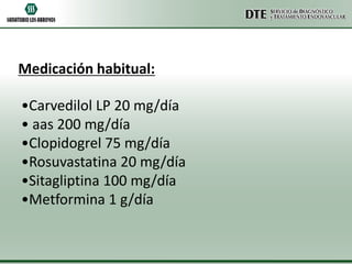 Medicación habitual:
•Carvedilol LP 20 mg/día
• aas 200 mg/día
•Clopidogrel 75 mg/día
•Rosuvastatina 20 mg/día
•Sitagliptina 100 mg/día
•Metformina 1 g/día

 