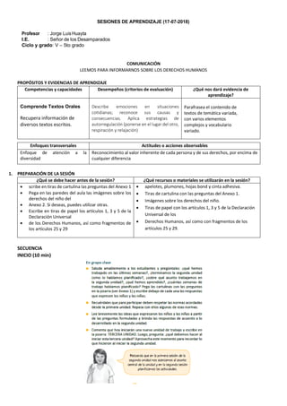 SESIONES DE APRENDIZAJE (17-07-2018)
Profesor : Jorge LuisHuayta
I.E. : Señor de los Desamparados
Ciclo y grado: V – 5to grado
COMUNICACIÓN
LEEMOS PARA INFORMARNOS SOBRE LOS DERECHOS HUMANOS
PROPÓSITOS Y EVIDENCIAS DE APRENDIZAJE
Competencias y capacidades Desempeños (criterios de evaluación) ¿Qué nos dará evidencia de
aprendizaje?
Comprende Textos Orales
Recupera información de
diversos textos escritos.
Describe emociones en situaciones
cotidianas; reconoce sus causas y
consecuencias. Aplica estrategias de
autorregulación (ponerse en el lugar del otro,
respiración y relajación)
Parafrasea el contenido de
textos de temática variada,
con varios elementos
complejos y vocabulario
variado.
1. PREPARACIÓN DE LA SESIÓN
¿Qué se debe hacer antes de la sesión? ¿Qué recursos o materiales se utilizarán en la sesión?
 scribe en tiras de cartulina las preguntas del Anexo 1
 Pega en las paredes del aula las imágenes sobre los
derechos del niño del
 Anexo 2. Si deseas, puedes utilizar otras.
 Escribe en tiras de papel los artículos 1, 3 y 5 de la
Declaración Universal
 de los Derechos Humanos, así como fragmentos de
los artículos 25 y 29
 apelotes, plumones, hojas bond y cinta adhesiva.
 Tiras de cartulina con las preguntas del Anexo 1.
 Imágenes sobre los derechos del niño.
 Tiras de papel con los artículos 1, 3 y 5 de la Declaración
Universal de los
 Derechos Humanos, así como con fragmentos de los
artículos 25 y 29.
SECUENCIA
INICIO (10 min)
Enfoques transversales Actitudes o acciones observables
Enfoque de atención a la
diversidad
Reconocimiento al valor inherente de cada persona y de sus derechos, por encima de
cualquier diferencia
 
