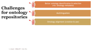 Better ontology identification & selection
(via ontology metadata)
Multilingualism
Ontology alignment (creation & use)
Catching up with relevant data:
annotations and linked data
Generalized ontology-based services
(keep quality while enabling horizontal studies)
Scale
to multiple domain and to the number/variety of ontologiesC. Jonquet - SIMBig 2017 - Lima, Peru 41
 