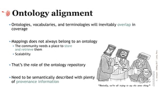▪ Ontologies, vocabularies, and terminologies will inevitably overlap in
coverage
▪ Mappings does not always belong to an ontology
▪ The community needs a place to store
and retrieve them
▪ Scalability
▪ That’s the role of the ontology repository
▪ Need to be semantically described with plenty
of provenance information
C.Jonquet-SIMBig2017-Lima,Peru
42
 