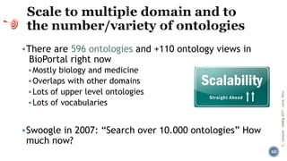 ▪There are 596 ontologies and +110 ontology views in
BioPortal right now
▪Mostly biology and medicine
▪Overlaps with other domains
▪Lots of upper level ontologies
▪Lots of vocabularies
▪Swoogle in 2007: “Search over 10.000 ontologies” How
much now?
C.Jonquet-SIMBig2017-Lima,Peru
60
 