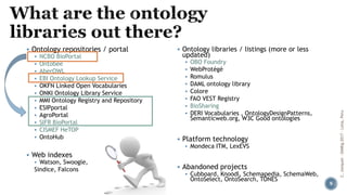 ▪ Ontology repositories / portal
▪ NCBO BioPortal
▪ Ontobee
▪ AberOWL
▪ EBI Ontology Lookup Service
▪ OKFN Linked Open Voc...