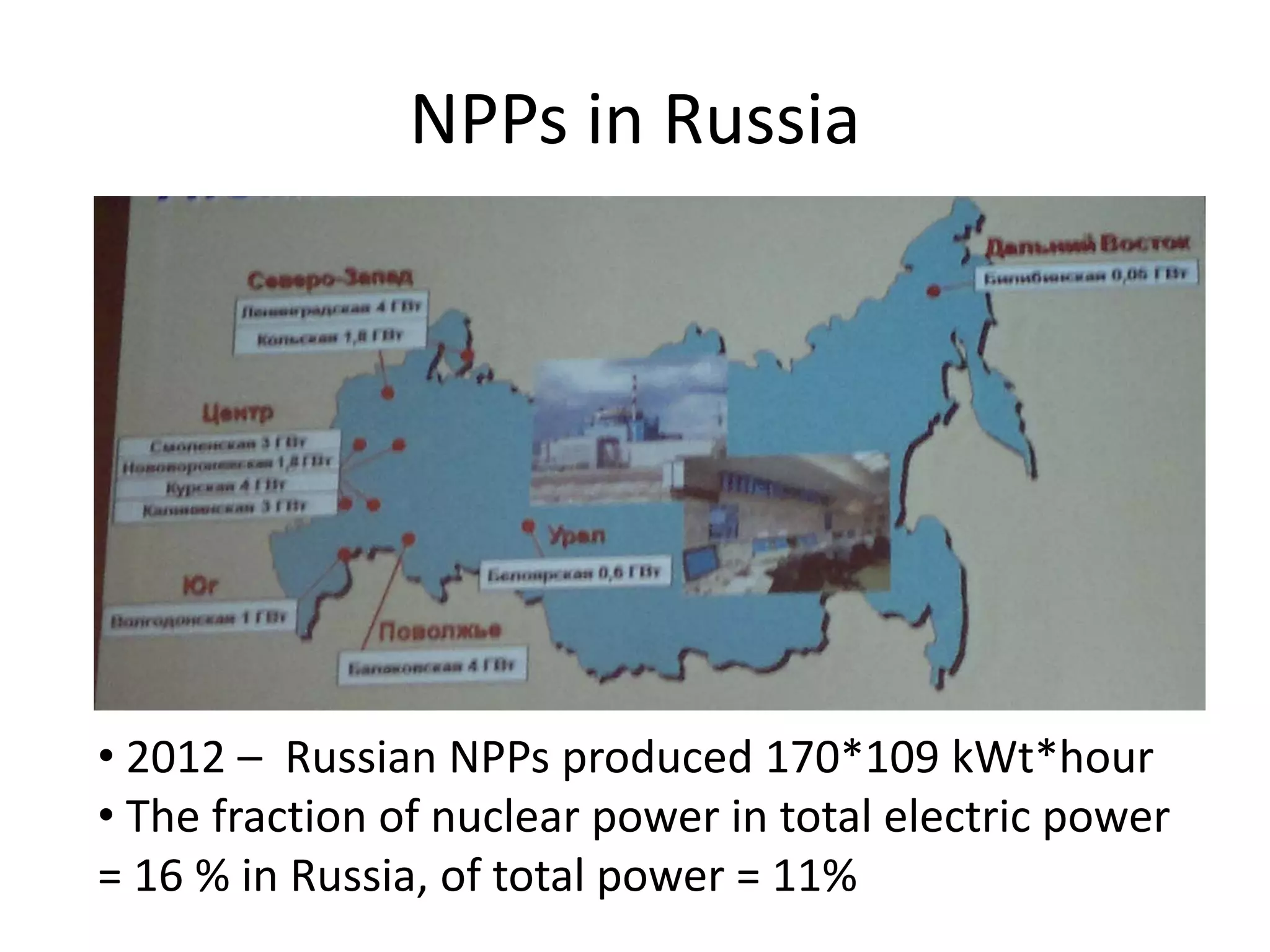 NPPs in Russia
• 2012 – Russian NPPs produced 170*109 kWt*hour
• The fraction of nuclear power in total electric power  
= 16 % in Russia, of total power = 11%
 