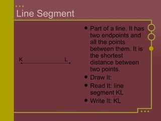 Line Segment Part of a line. It has two endpoints and all the points between them. It is the shortest distance between two points. Draw It: Read It: line segment KL Write It: KL K L 