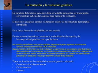 La paradoja del material genético: debe ser estable para poder ser transmitido,
pero también debe poder cambiar para permitir la evolución.
Mutación es cualquier cambio o alteración estable de la estructura del material
hereditario
Es la única fuente de variabilidad en una especie
Es una presión sistemática: aumenta la variabilidad de la especie y la
heterogeneidad genética entre poblaciones
Una mutación puede afectar a unos pocos nucleótidos, fragmentos de genes, segmentos de cromosomas,
conjuntos completos de cromosomas y ADN extranuclear.
Algunas mutaciones determinarán una cierta ventaja para la supervivencia de sus portadores; otras darán lugar a
alelos equivalentes a los ya existentes, o no tendrán ninguna trascendencia por afectar sólo a fragmentos del
ADN no codificante; también pueden existir mutaciones desventajosas, por conllevar una mayor dificultad
para sobrevivir, reproducirse e incluso por determinar la muerte de sus portadores.
Tipos, en función de la cantidad de material genético afectado:
- Genómicas (no disyunciones)
- Cromosómicas
- Génicas
La mutación y la variación genética
 